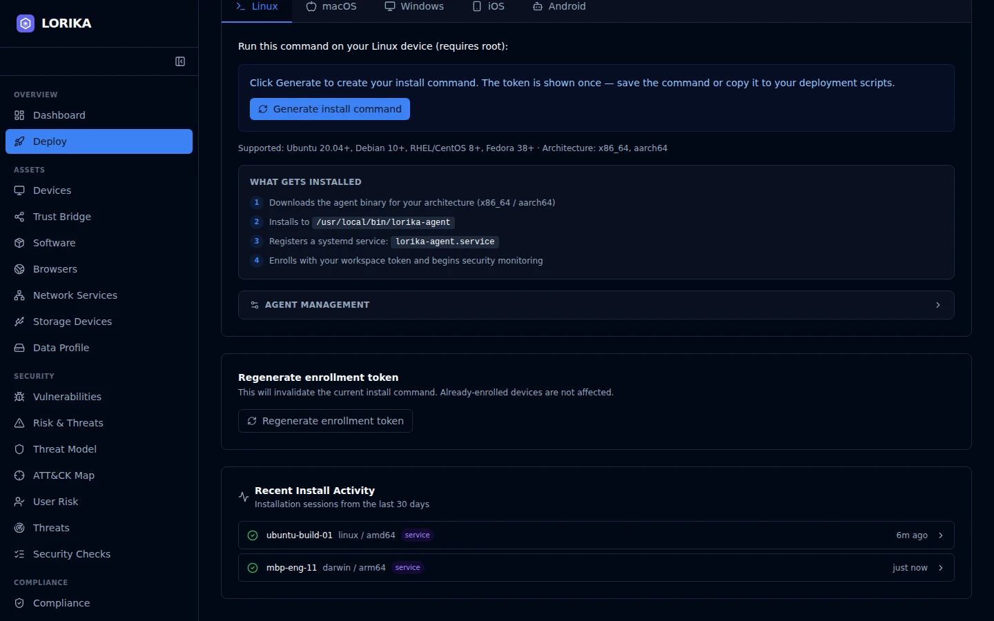 Lorika agent deployment console with per-OS install commands and a live rollout log
